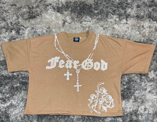 "Heaven Sent" Cropped Graphic Tee (Tan)